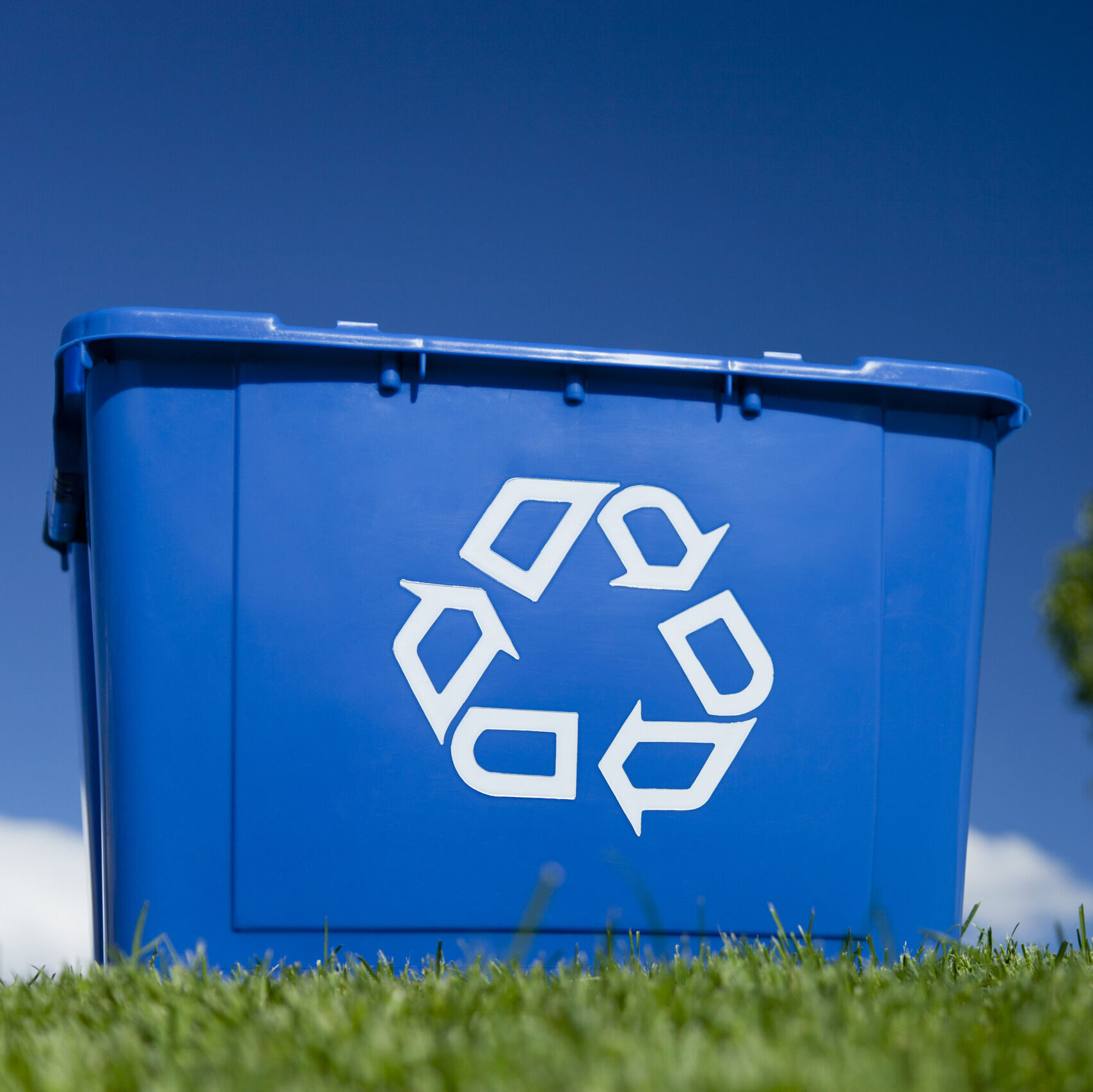 Recycleing bin on grass with sky and tree in the background.