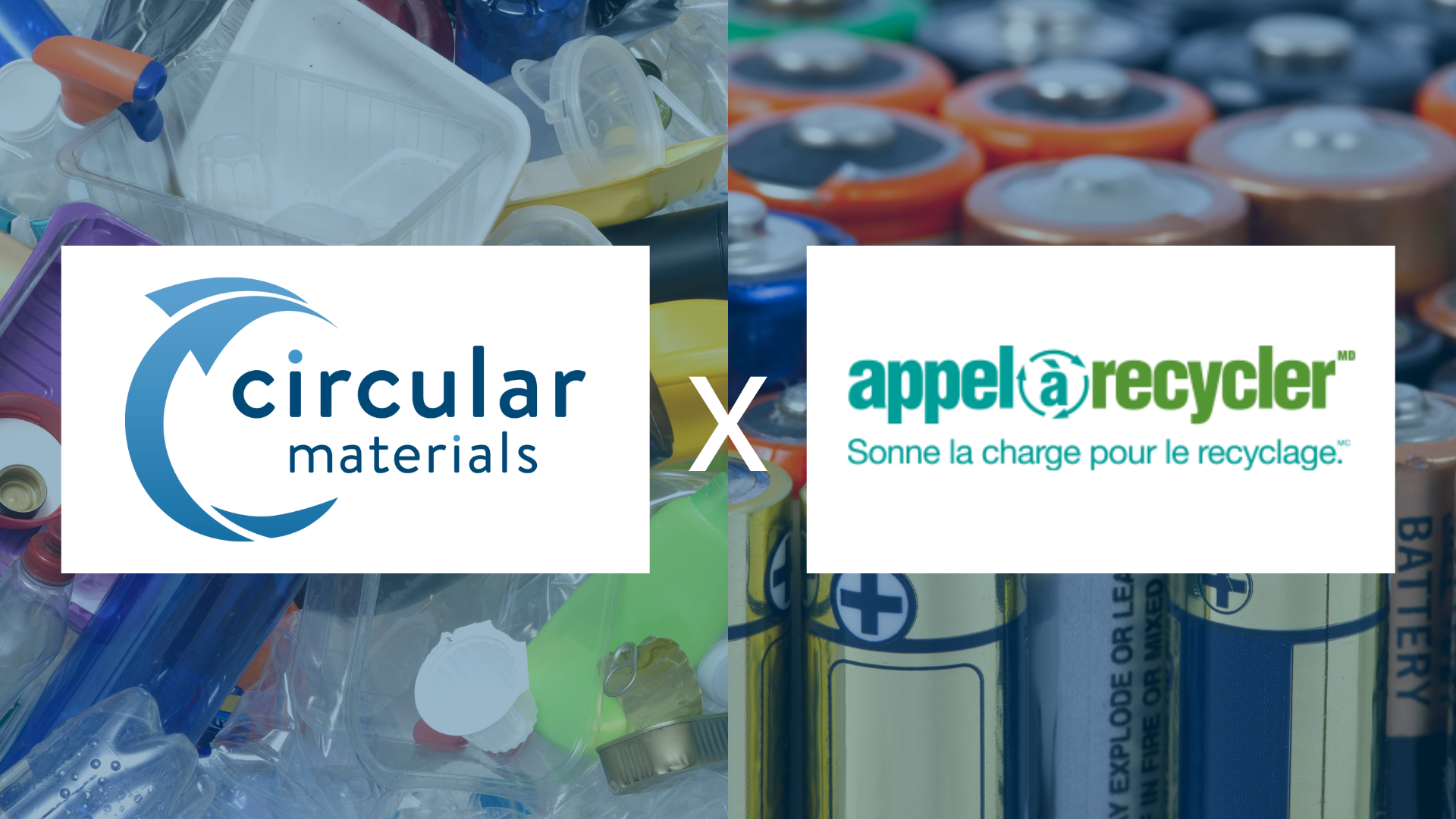 side by side image of Circular Materials and Call2Recycle Canada logos with photos of materials accepted in their programs behind them