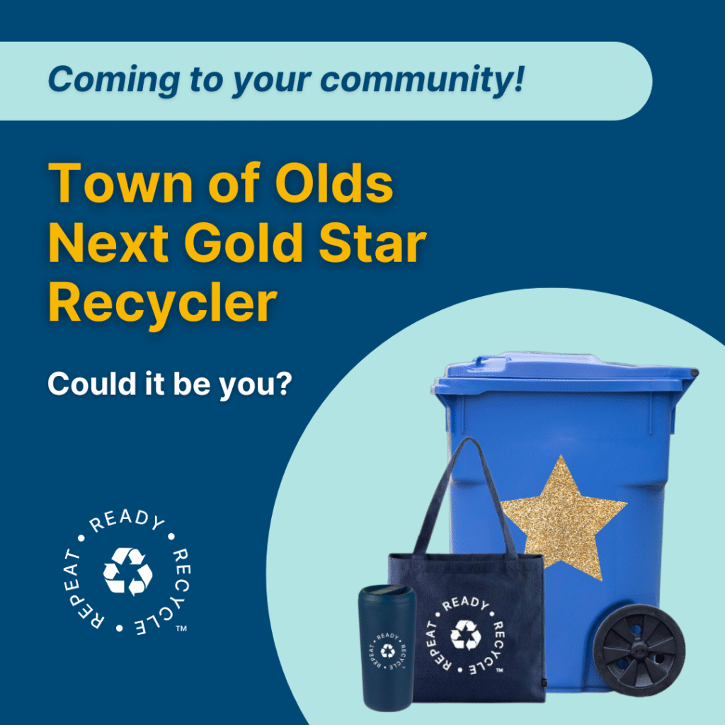 image of blue recycling cart with mock up gold star and examples of Circular Materials cup and bag prizes