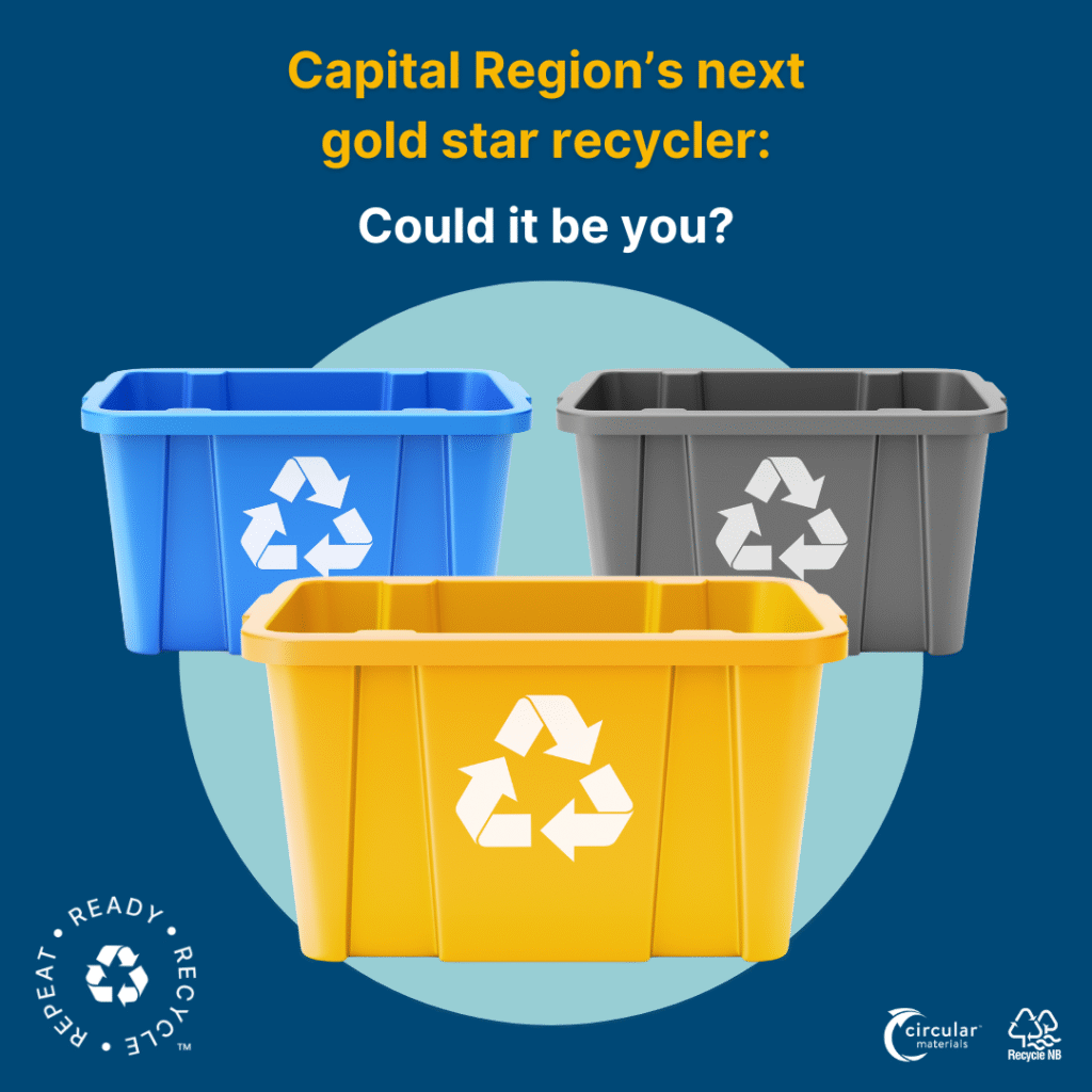 Image of three recycling boxes including gold box for the Capital Region