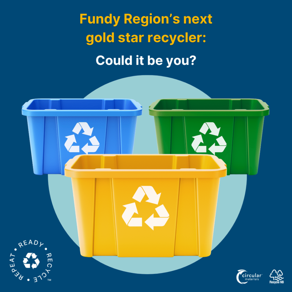 Image of three recycling boxes including gold box for the Fundy Region