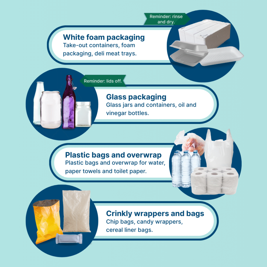 Liste des matériaux acceptés : emballages en mousse blanche, emballages en verre, sacs et suremballages en plastique, emballages et sacs froissés.