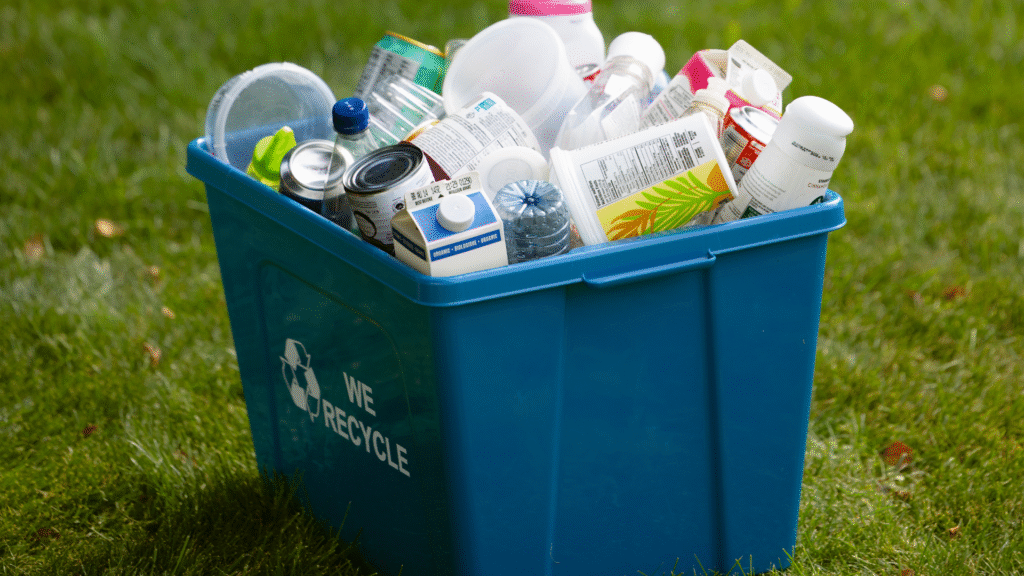 blue box on field of grass with clean loose recyclable materials