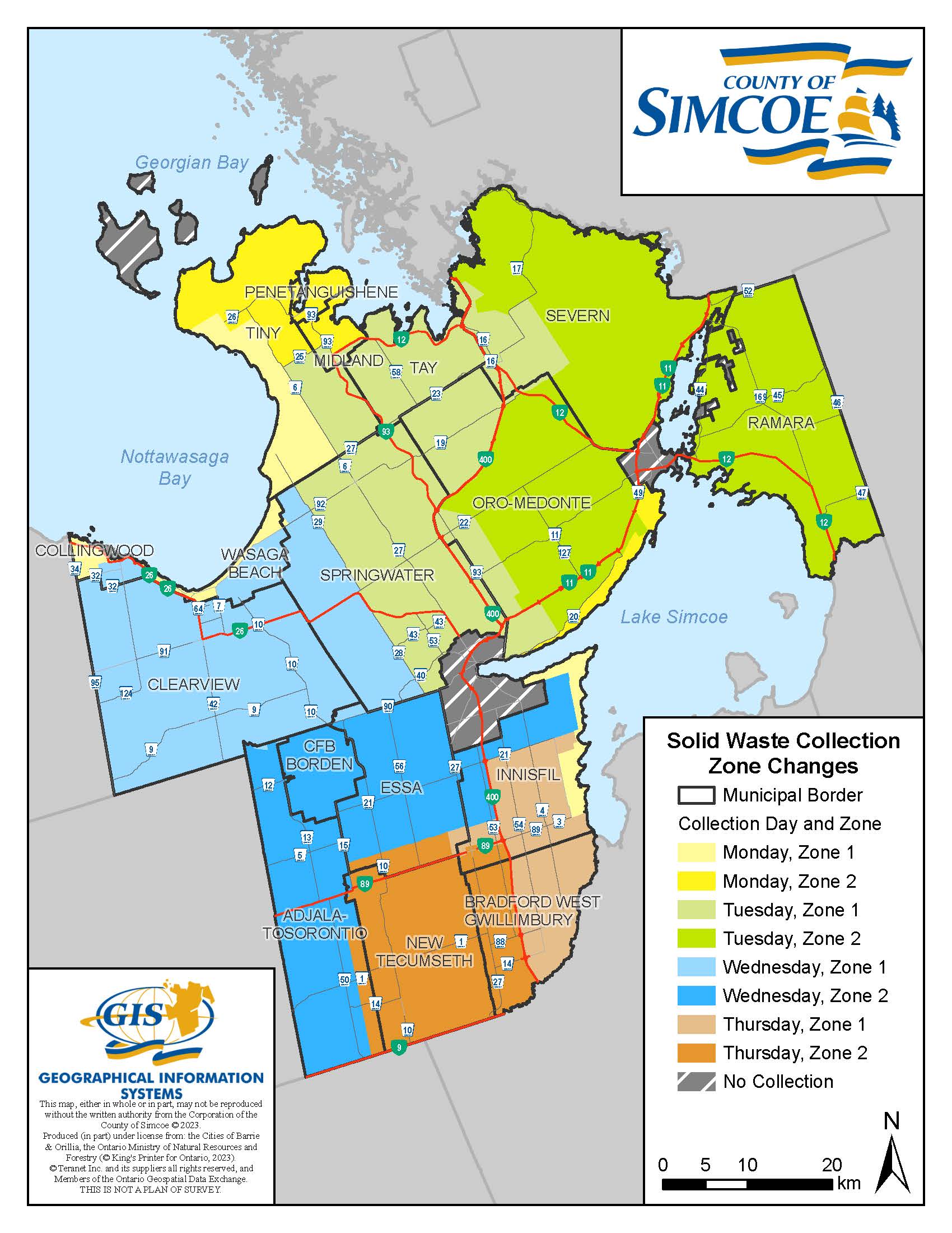 Official Simcoe County 2026 recycling collection Zone 1 and Zone 2 map for Wasaga Beach residents